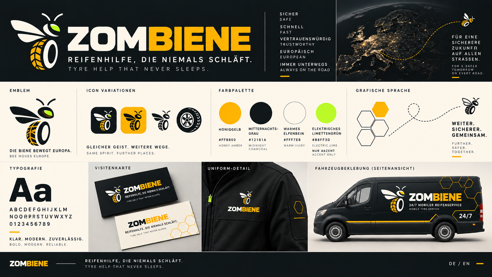 Zombiene Markenboard mit Logo, Farbpalette, grafischer Sprache und schwarzem Servicefahrzeug