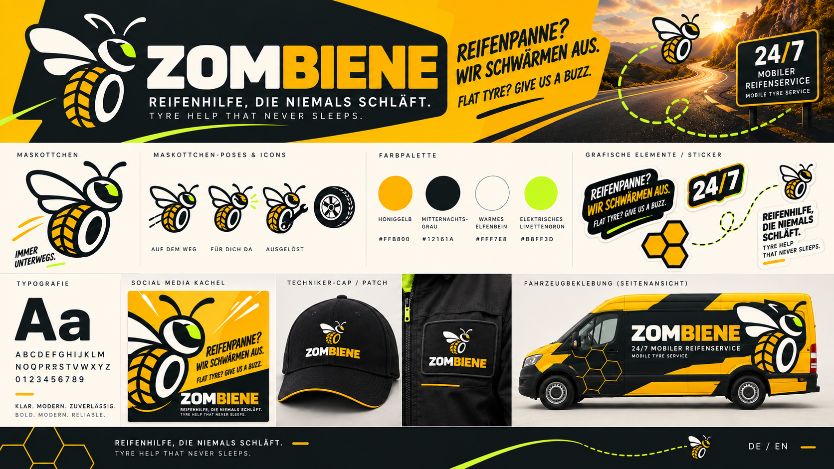 Zombiene Markenwelt mit Bienenmaskottchen, 24/7 Reifenservice und gelbem Servicefahrzeug